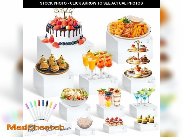 Lot 74-14421891 - 11 Pcs White Acrylic Buffet Risers and Stand with Mini Table Sign and Maker - UNUSED