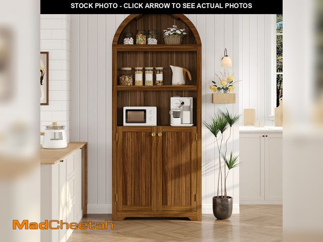 Lot 74-12566829 - *SEE DETAILS* Garvee 72 in Walnut Arched Bookcase with Gold Pulls, 5-Tier Freestanding Pantry Cabine...