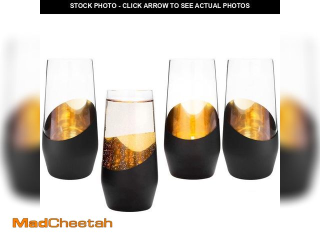 Lot 74-12310608 - MyGift Set of 4 Black &amp; Gold Stemless Champagne Flutes - 11 oz Wedding Party Glasses, Modern Bar...