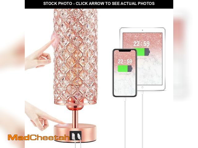Lot 74-12701761 - Hong-in Crystal Table Lamp - 3-Way Dimmable Touch Control, Rose Gold Bedside Lamp with USB C and A P...
