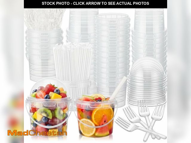 Lot 74-14282814 - Purpeak 50 Pcs Bucket Cups Bulk Reusable Plastic Drink Buckets with Lids Dome Forks and Straws 24 oz...