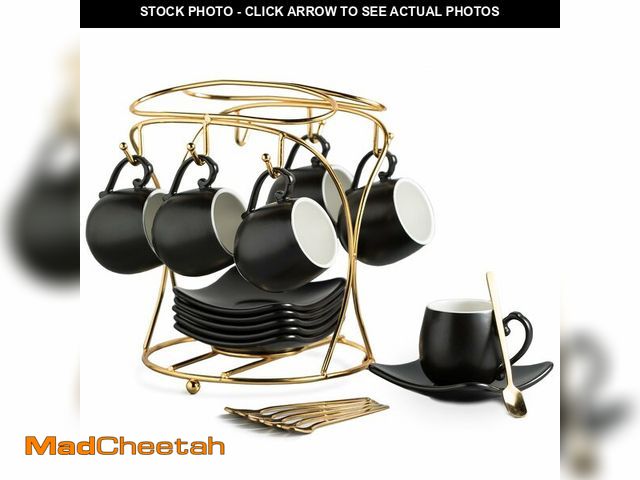 Lot 74-13717086 - LYEOBOH Espresso Cups with Saucers Set, 3 Ounces Porcelain Coffee Cups with Metal Stand and Spoons, ...