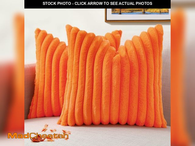 Lot 74-12711022 - decorUhome Faux Fur Fall Throw Pillow Covers 22x22 Set of 2, Decorative Soft Plush Striped Neutral C...