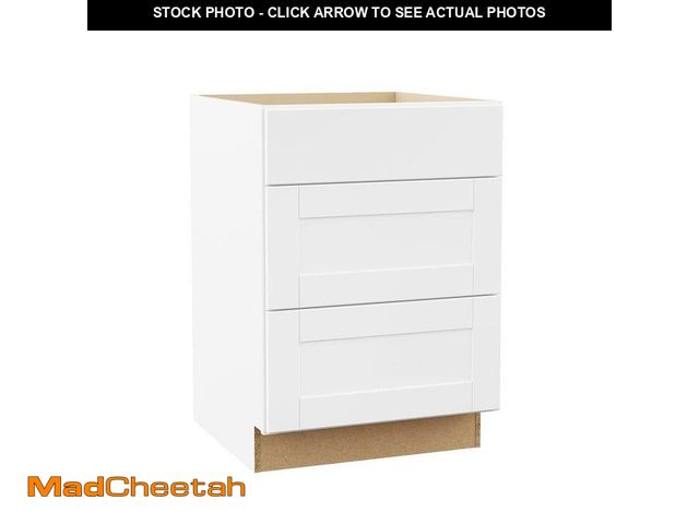 Lot 74-14589422 - (SOME DAMAGE ON BACK) Hampton Bay Shaker 24 in. W x 24 in. D x 34.5 in. H Assembled 3 Drawer Base Ki...