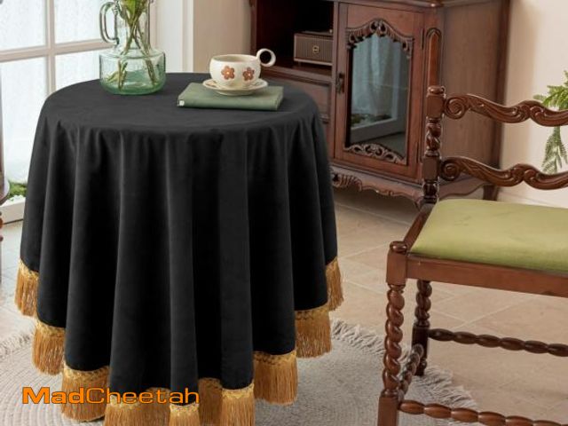 Lot 74-12049085 - F-CHU Luxury Black Tablecloth Thickset Velvet Tablecloth with Beautiful Gold Tassels Vintage Table C...