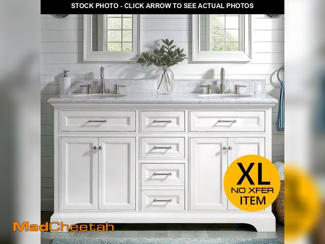 Lot 74-14073005 - Home Decorators Collection Windlowe 61 in. Double Sink White Bath Vanity with White Carrara White Ma...