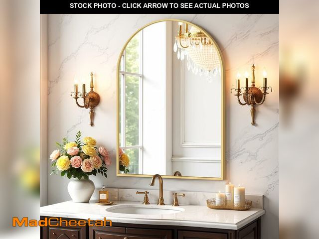 Lot 74-14067819 - Atilioo Bathroom Mirror for Wall, 30x20 Inch Arched Mirror, Matte Gold Metal Framed Bathroom Vanity ...