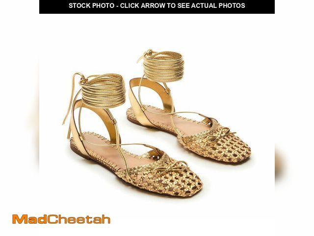 Lot 74-12714126 - Lhamo Latso Gold Lace Up Ballet Flats Ballerina Woven Raffia Summer Flats Shoes Heels Round Closed T...