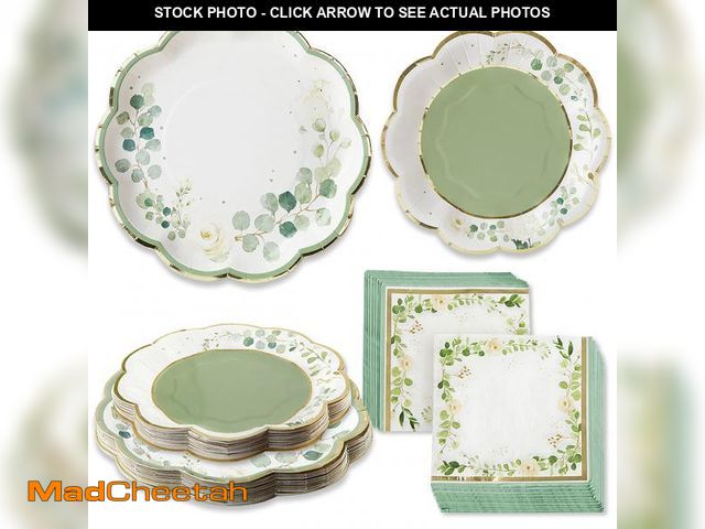 Lot 74-12050177 - Kate Aspen Sage Green Party Decorations, Eucalyptus Floral Botanical Garden 62 Piece Plates and Napk...