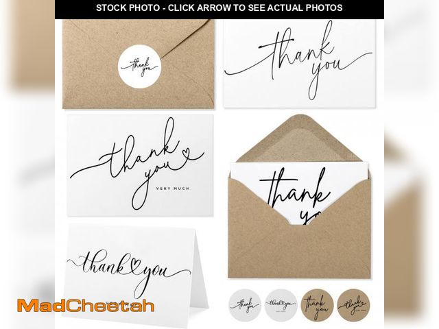 Lot 74-12309178 - Layneria 100 Bulk Thank You Cards with Kraft Envelopes and stickers - 4 Minimalistic Designs Blank T...