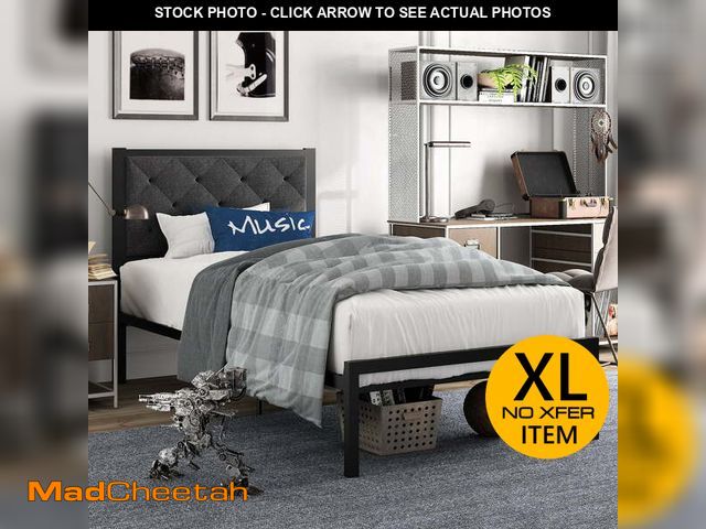 Lot 74-12800715 - Amolife Twin Size Metal Bed Frame with Upholstered Headboard, Dark Gray - UNUSED