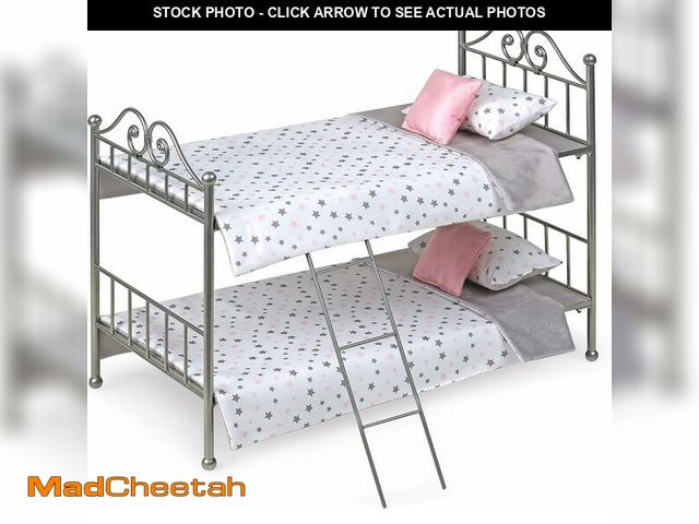 Lot 74-14348514 - Badger Basket Metal Doll Bunk Bed - Scrollwork Frame with Ladder, Reversible Bedding and Pillows - F...