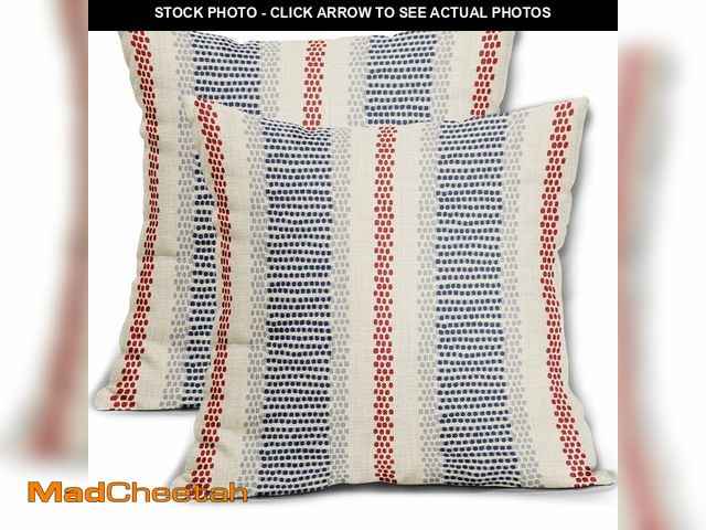 Lot 74-14206837 - Blue Red Pillow Covers 18x18 Set of 2 Gray Grey Dot Print Striped 4th of July Patriotic Decorative O...