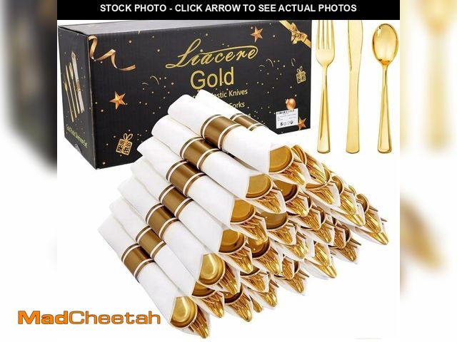 Lot 74-14382463 - Liacere 100Pack Pre Rolled Gold Silverware and Napkin-Disposable Gold Plastic Utensils-Wrapped Plast...