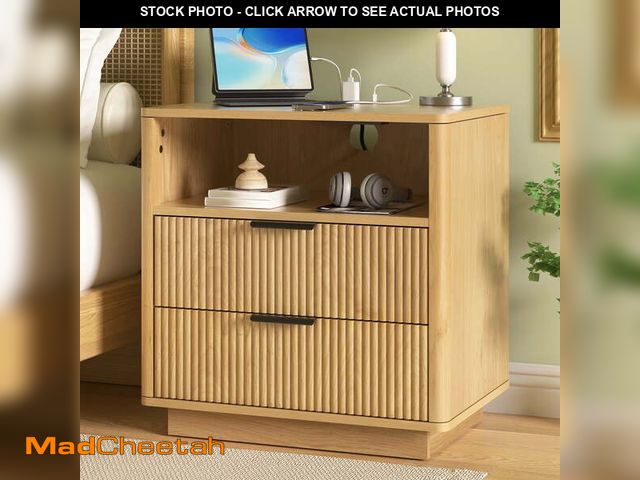 Lot 74-13777774 - Hommpa Fluted Nightstand, 2 Drawers Bed Side Table with Charging Station, Modern End Side Table for ...