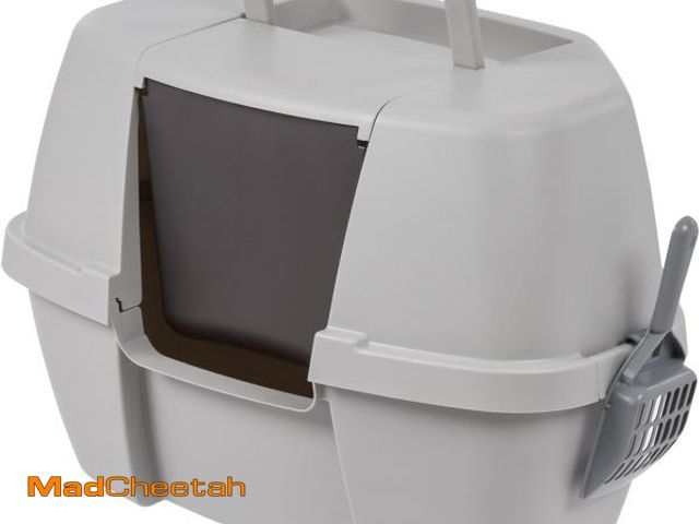 Lot 74-12098288 - IRIS USA Corner Cat Litter Box Enclosed with Scoop - Privacy and Easy Access for Cleaning, Odor Defe...