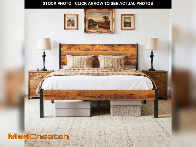 Lot 74-14115586 - WONDER COMFORT Rust Brown Wood Frame Queen Size Platform Bed Frame with Headboard and Footboard, 700...