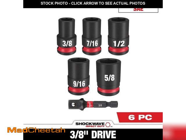 Lot 74-12989366 - Milwaukee SHOCKWAVE 3/8 in. Drive SAE Standard 6 Point Impact Socket Set (6-Piece) - UNUSED