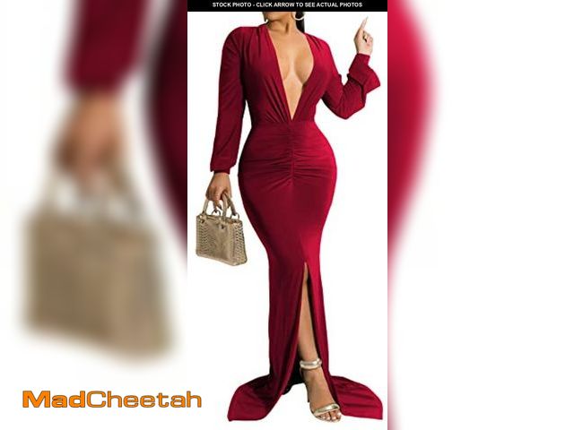 Lot 74-9715431 - Womens Sexy Formal Mermaid Prom Dresses Elegant Wine Red V Neck High Split Ruched Floor Long Party E...