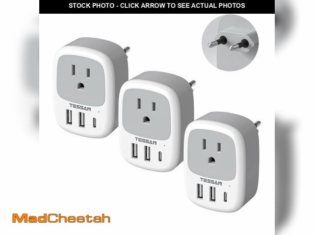 Lot 74-14302907 - TESSAN European Travel Plug Adapter, 3 Pack US to Europe Plug Adapter with 3 USB Ports (1 USB C), Ty...