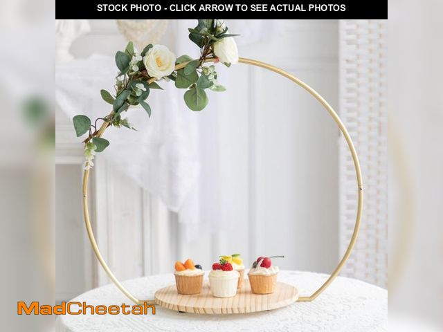 Lot 74-12049389 - GENMOUS Wedding Cake Stand with Wood Stand Base, Gold 20" Round Arch Cake Stand Set, Metal Floral Ho...