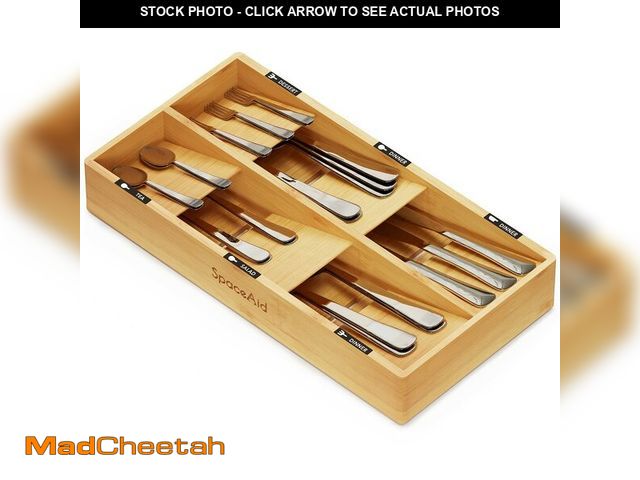 Lot 74-13954546 - SpaceAid Bamboo Silverware Drawer Organizer with Labels, Kitchen Utensil Tray Holder Organizer for F...
