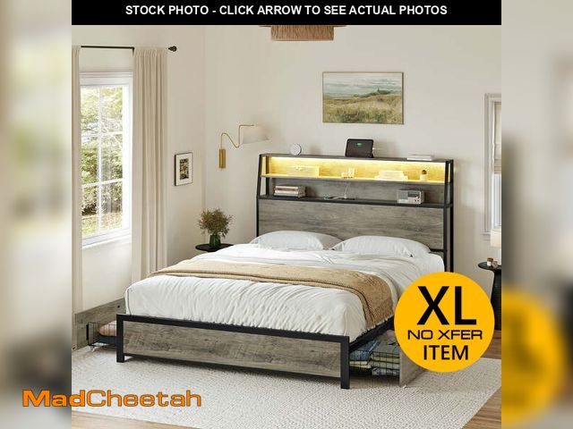 Lot 74-14070975 - GUNAITO Full Bed Frame with 2 Drawers Headboard Platform Bed Frame with LED Lights Charging Station ...