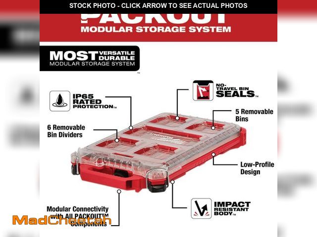 Lot 74-12684812 - (MISSING LATCH) Milwaukee PACKOUT 5-Compartment Low-Profile Compact Small Parts Organizer - USED