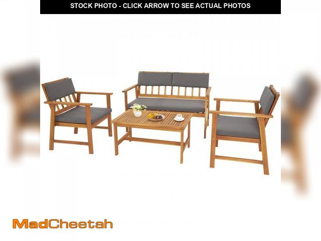 Lot 74-12429952 - VINGLI Outdoor Patio Furniture, 4 Piece Acacia Wood Sofa Set w/Coffee Table, Patio Table and Chairs ...