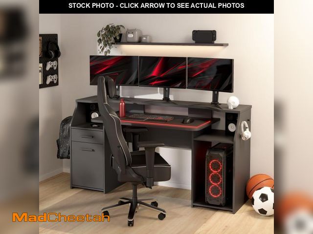 Lot 74-12165923 - Tvilum Function Plus Computer Gaming Desk with Storage Shelves, Drawer and Monitor Riser, Black Colo...