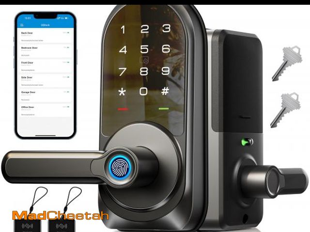 Lot 74-11985576 - Veise RZ09 Smart Lock, 7-in-1 Keyless Entry with Handle Set, APP Control Fingerprint Deadbolt for Fr...