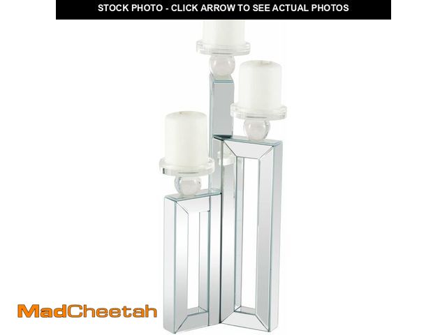 Lot 74-12695485 - Deco 79 Wood Pillar 3 Plate Candle Holder with Mirrored Accents, 7" x 7" x 21", Silver - UNUSED