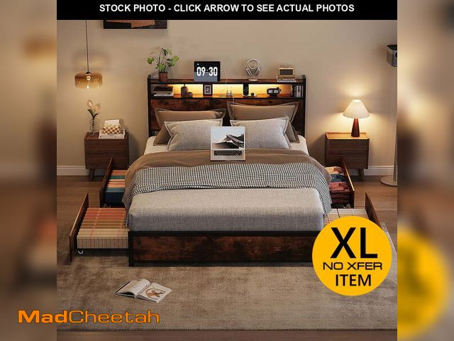 Lot 74-13742603 - Zimtown Queen Bed Frame with 2-Tier Storage Headboard, Metal Platform Bed Frame with 4 Storage Drawe...