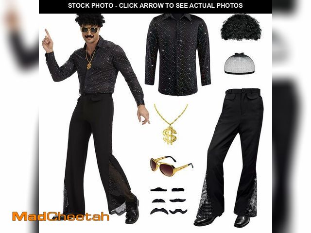 Lot 74-14210292 - KDAFJLKD 6 Pcs 70s Disco Outfit Costume for Men Dance Bell Bottom Pants Retro Shirts Moustache Sungl...