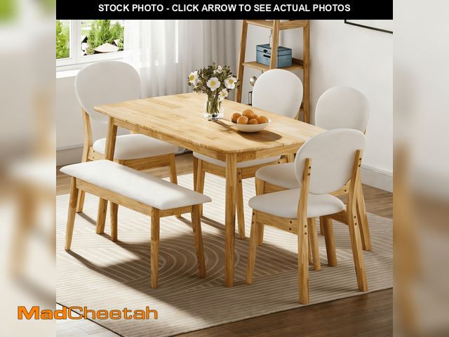 Lot 74-13776393 - Ktaxon Solid Wood Dining Table Set for 6, Mid-Century Dining Room Table with 4 Padded Chairs &amp; B...