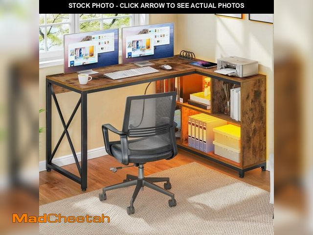 Lot 74-12571985 - DWVO L Shaped Desk with Power Outlets, 55" Reversible Computer Desk with Storage Cabinet &amp; LED L...