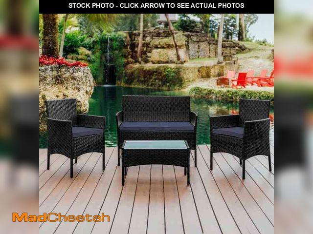 Lot 74-14392585 - HEARTH &amp; HARBOR 4-Piece Brown Patio Outdoor Furniture Wicker Conversation Set with Blue Cushions...