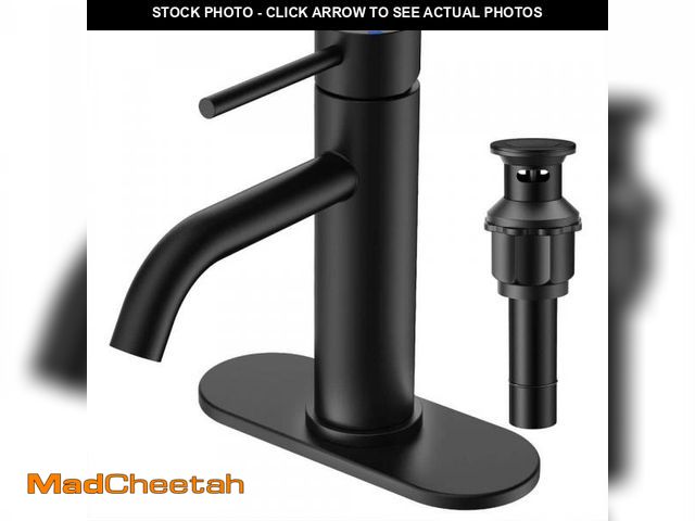 Lot 74-12365129 - FURUISI Single Handle Mid-Arc Bathroom Faucet with Deckplate and Pop-Up Drain in Matte Black - UNUSE...