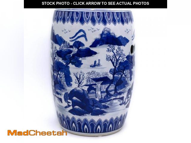 Lot 74-12147603 - Unbranded Blue Garden Landscape Ceramic Drum Stool - UNUSED