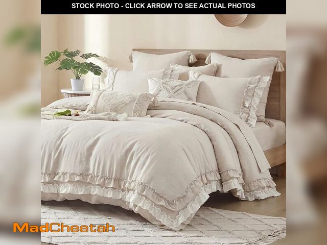 Lot 74-13582984 - Bedorm Beige Ruffled Comforter Set Queen Boho Bedding Set Cream White Fringe Ruffle Romantic Bedroom...