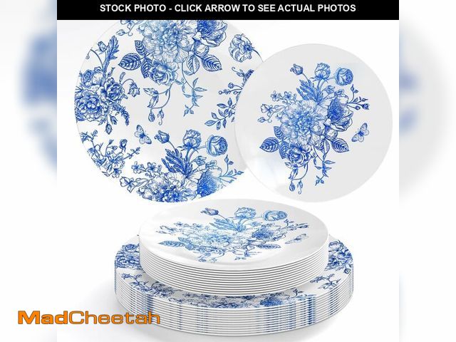 Lot 74-13625074 - FYSUIMU 40Pcs Foil Blue and White Floral Plastic Plates Reusable Plate Chinoiserie Flower Dinner Des...