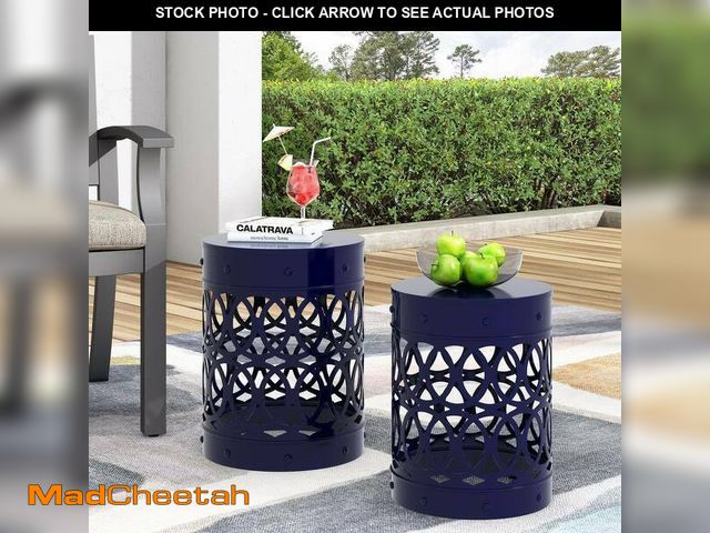 Lot 74-14290714 - (LARGE TABLE DENTED ) CHRISTOPHER KNIGHT HOME Holt Navy Blue Cylindrical Metal Outdoor Patio Side Ta...