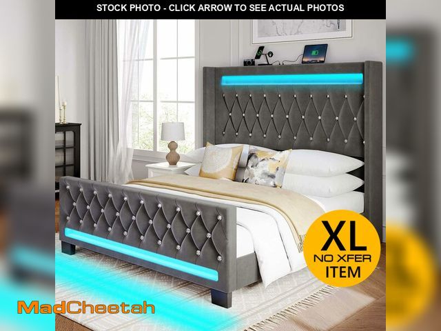 Lot 74-12570901 - Rolanstar Queen Bed Frame with LED Light and Charging Station, Upholstered High Headboard and Footbo...