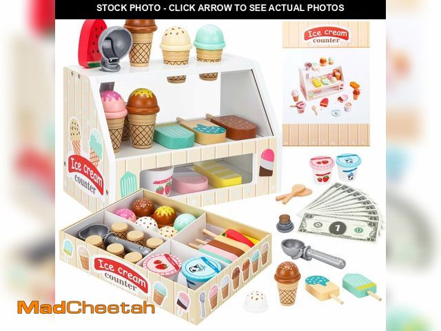 Lot 74-14387409 - ZJEFUNS Wooden Ice Cream Toys for Kids Ice Cream Counter Shop for Toddlers Pretend Play Food Scoop a...