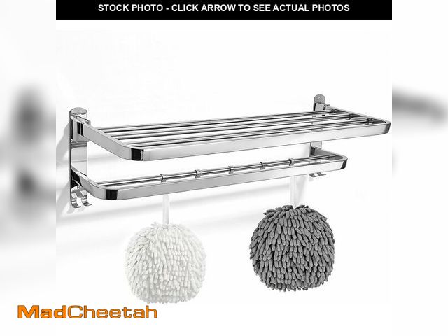 Lot 74-14365762 - Bathroom Towel Storage Bundle: Double Foldable Rack &amp; 2 Fluffy Hand Towels - SUS304 Stainless St...