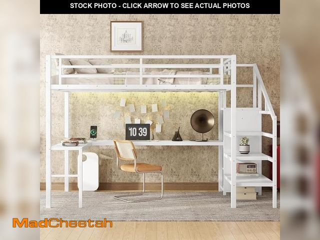 Lot 74-12132011 - CNPOP Full Size Loft Bed with L-Shaped Desk, Built-in Wardrobe &amp; USB Port, Metal High Loft Bed w...