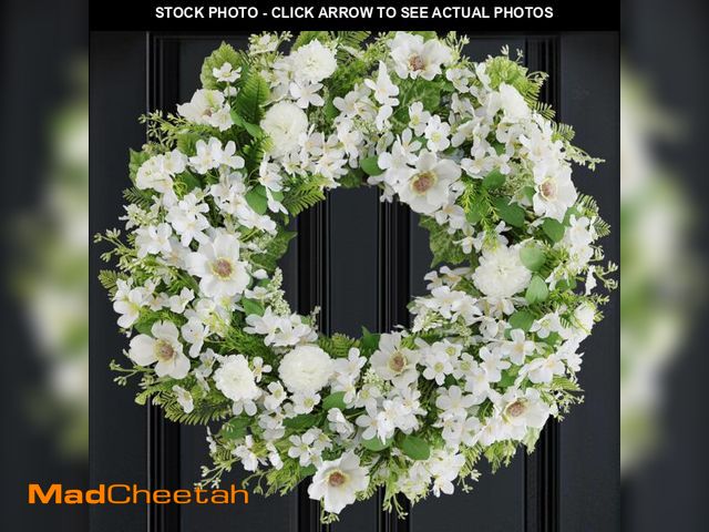 Lot 74-12370875 - BINFEN White Faux Silk Flower Spring Summer Easter Wreath 24-26" for Front Door Ã¢â¬â Anemone Dai...