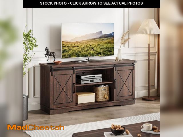 Lot 74-12389152 - GAOMON Farmhouse TV Stand for TVs Up to 65", Rustic Entertainment Center with Sliding Barn Doors, St...