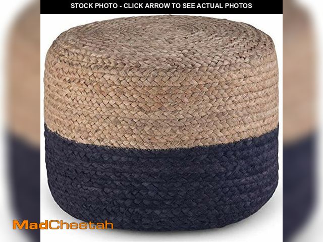 Lot 74-12760475 - SIMPLIHOME Lydia Boho Round Pouf in Navy, Natural Braided Jute for the Living Room, Bedroom and Kids...