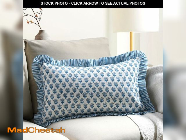 Lot 74-14266015 - CPC Hand Block Print Apatite Blue Ruffle Sham Pillow Cover 20" x 12" inch Hidden Zipper Decorative P...